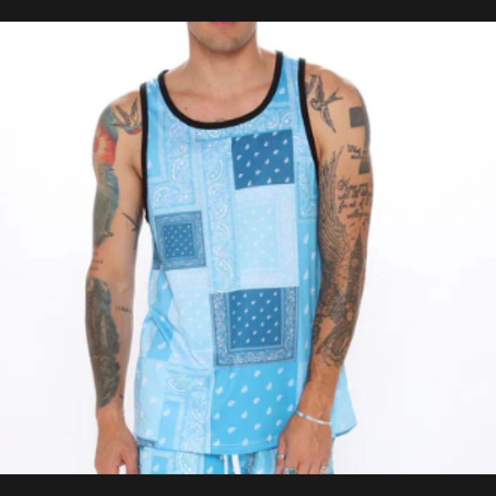 Bandana Patchwork Tank - Turquoise | NOWT | Men’s Size L - Slim Fit